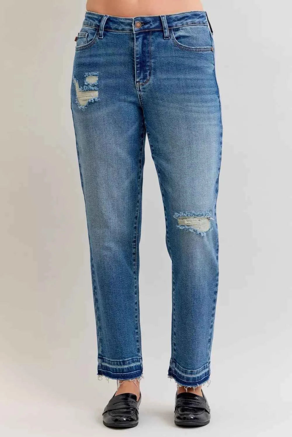 Judy Blue Full Size Mid Rise Bf Patch & Repair Destroy Release Hem Jeans Plus Size