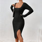 Square Collar Long Sleeve Knitted Dress Women