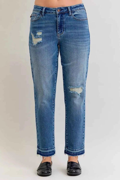 Judy Blue Full Size Mid Rise Bf Patch & Repair Destroy Release Hem Jeans Plus Size